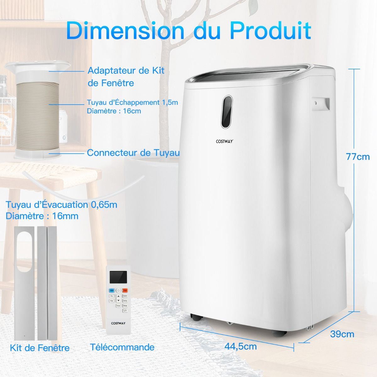 5 En 1 Climatiseur Mobile 16 À 32℃ 16000BTU R290 4 Modes Ventilateur Déshumidificateur Rafraîchisseur Et Chauffage Blanc