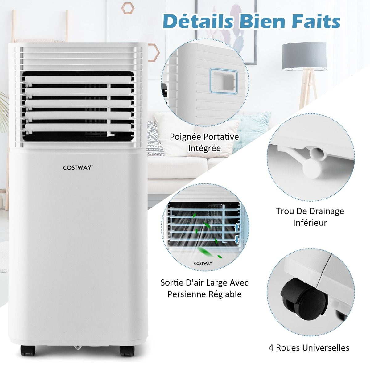 Climatiseur Mobile 4 En 1 Refroidissement Déshumidification Ventilateur 7000BTU 2 Vitesses Mode Veille Minuterie 24 H Noir/Blanc