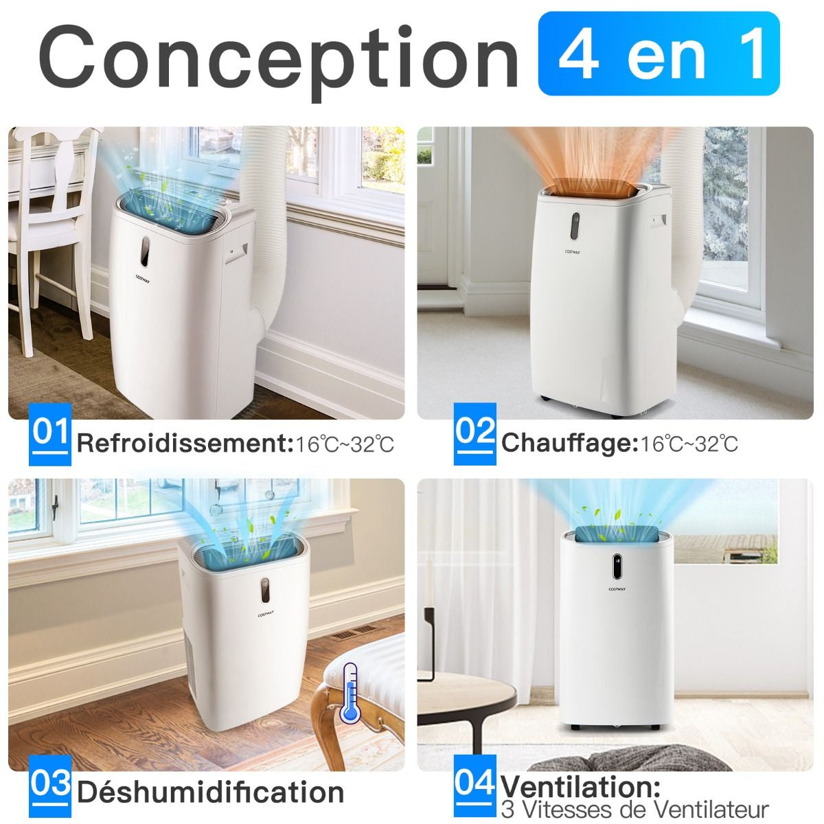 4 En 1 Climatiseur 16 À 32℃ 14000BTU R290 3 Modes Ventilateur Déshumidificateur Et Rafraîchisseur Jusqu'À 40㎡ Classe Énergétique A
