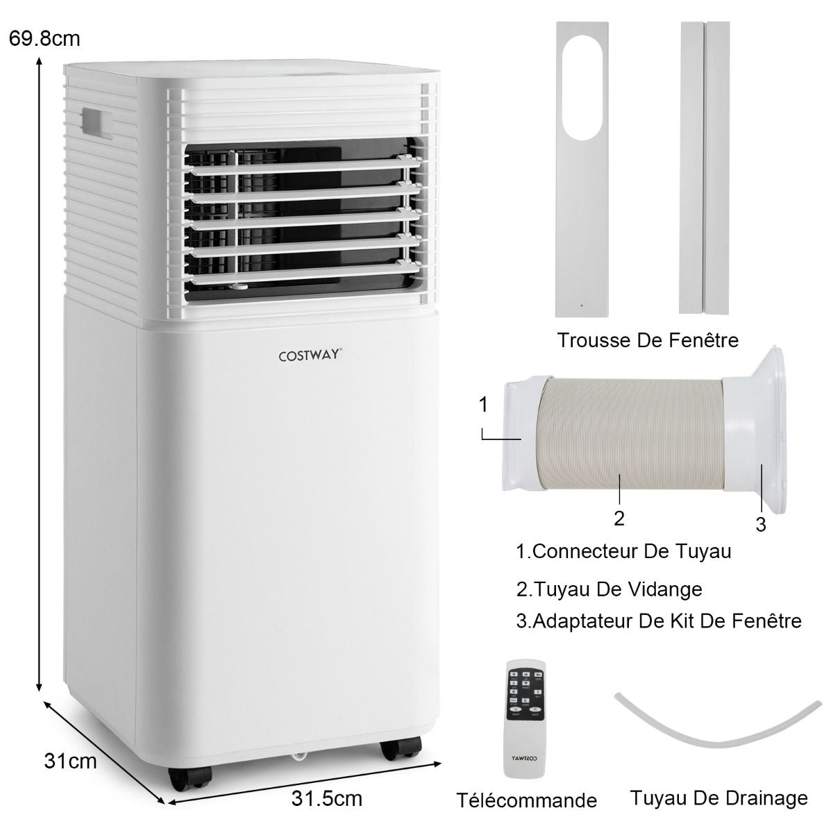 Climatiseur Mobile 4 En 1 Refroidissement Déshumidification Ventilateur 7000BTU 2 Vitesses Mode Veille Minuterie 24 H Noir/Blanc
