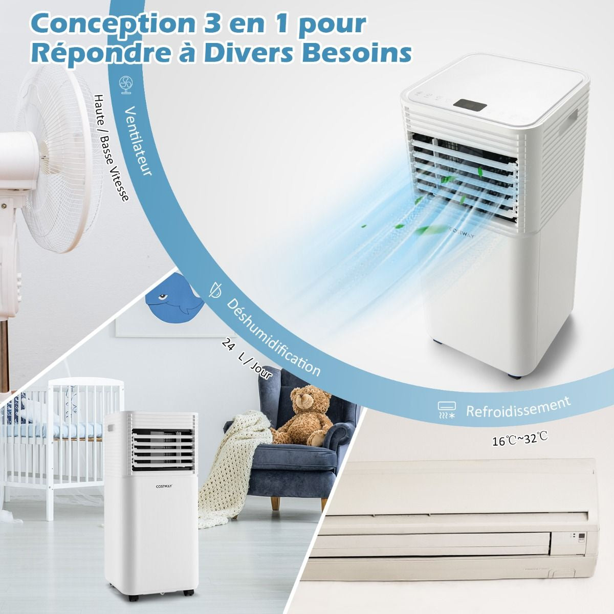 Climatiseur Mobile 4 En 1 Refroidissement Déshumidification Ventilateur 7000BTU 2 Vitesses Mode Veille Minuterie 24 H Noir/Blanc
