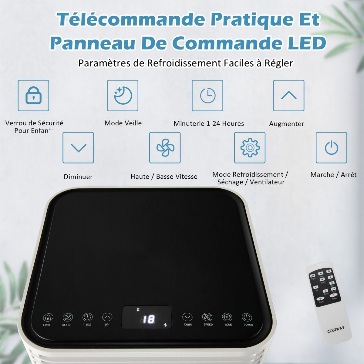 Climatiseur Mobile 4 En 1 Refroidissement Déshumidification Ventilateur 7000BTU 2 Vitesses Mode Veille Minuterie 24 H Noir/Blanc