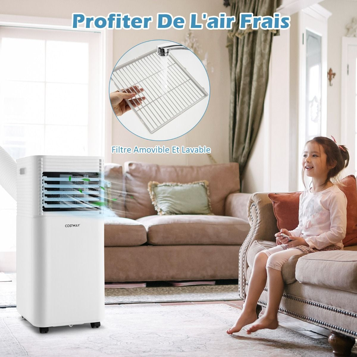 Climatiseur Mobile 4 En 1 Refroidissement Déshumidification Ventilateur 7000BTU 2 Vitesses Mode Veille Minuterie 24 H Noir/Blanc