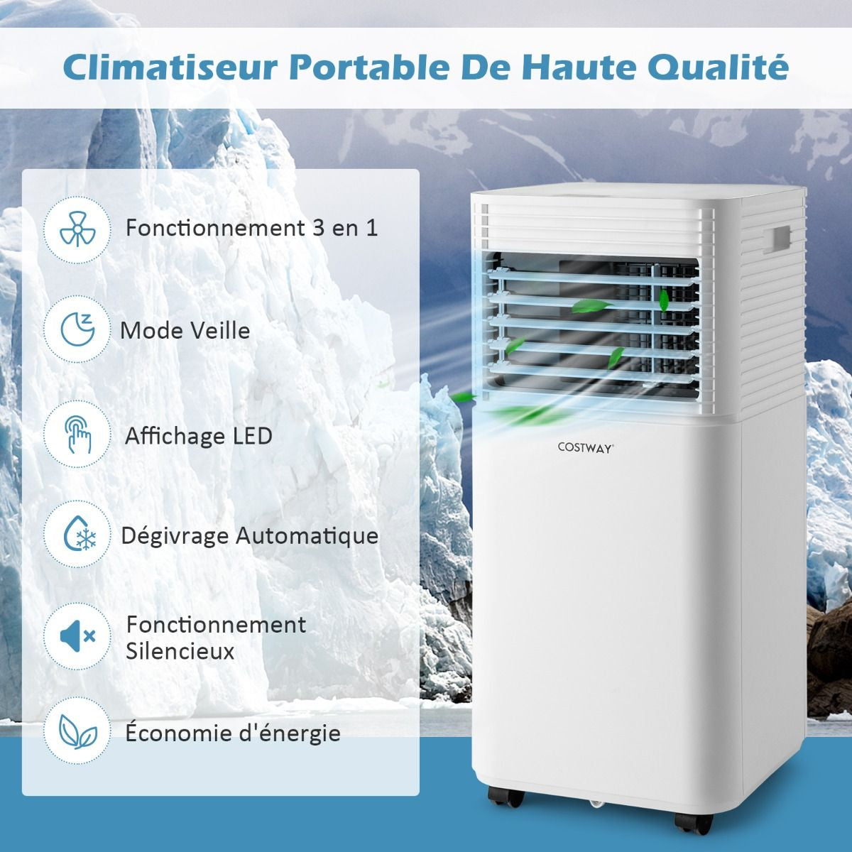 Climatiseur Mobile 4 En 1 Refroidissement Déshumidification Ventilateur 7000BTU 2 Vitesses Mode Veille Minuterie 24 H Noir/Blanc