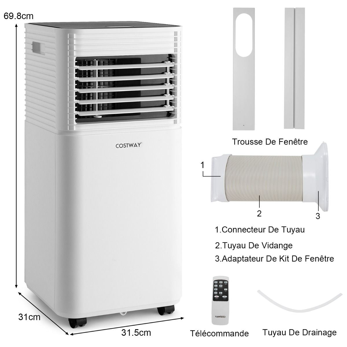 Climatiseur Mobile 4 En 1 Refroidissement Déshumidification Ventilateur 7000BTU 2 Vitesses Mode Veille Minuterie 24 H Noir/Blanc