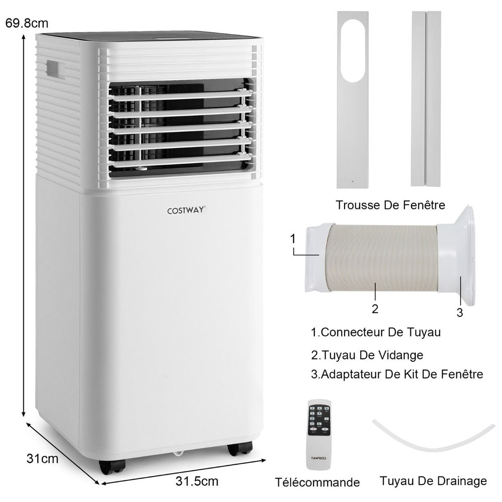 Climatiseur Mobile 4 En 1 Refroidissement Déshumidification Ventilateur 9000BTU 2 Vitesses Mode Veille Minuterie 24 H Blanc/Noir